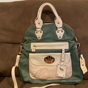 Emma Fox Green and Cream Leather Satchel Handbag